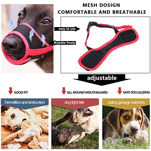 NF 2 Pcs Bozal de Perro,Bozal de Perro Malla Transpirable Nailon Duradero con Correas Ajustables y 1 Correa de Perro Máscara de Protección para Perros Grandes Medianos,Bozal de Perro(L,Negro,Rojo)