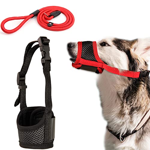 NF 2 Pcs Bozal de Perro,Bozal de Perro Malla Transpirable Nailon Duradero con Correas Ajustables y 1 Correa de Perro Máscara de Protección para Perros Grandes Medianos,Bozal de Perro(L,Negro,Rojo)