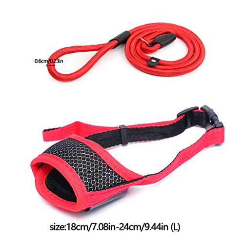 NF 2 Pcs Bozal de Perro,Bozal de Perro Malla Transpirable Nailon Duradero con Correas Ajustables y 1 Correa de Perro Máscara de Protección para Perros Grandes Medianos,Bozal de Perro(L,Negro,Rojo)