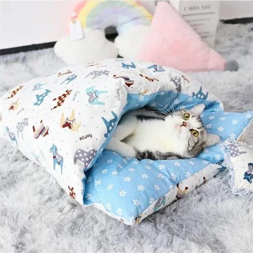 NIQIU Saco de Dormir portátil para Gatos Cama para Gatos extraíble Cálido sueño Profundo Cama para Perros Casa para Gatos Cojín para Nido con Almohada -Helado Rosa, M