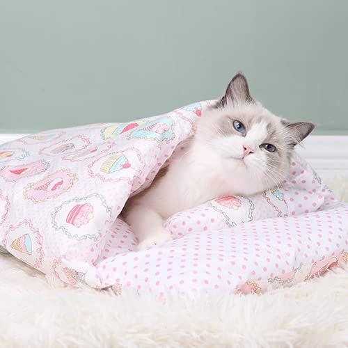 NIQIU Saco de Dormir portátil para Gatos Cama para Gatos extraíble Cálido sueño Profundo Cama para Perros Casa para Gatos Cojín para Nido con Almohada -Helado Rosa, M