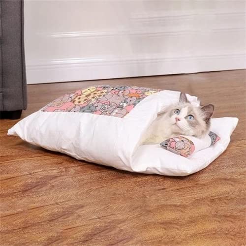 NIQIU Saco de Dormir portátil para Gatos Cama para Gatos extraíble Cálido sueño Profundo Cama para Perros Casa para Gatos Cojín para Nido con Almohada -Helado Rosa, M