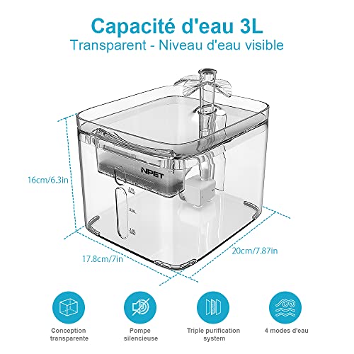 NPET - Fuente de agua para gato y perro automático, transparente, dispensador de agua para gatos, animales domésticos con filtro de repuesto, eléctrico ultrasilencioso, 3L WF020TP