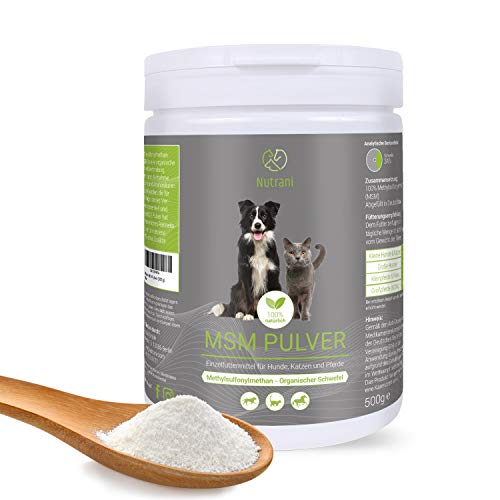 Nutrani MSM en Polvo para Perro, Gato y Caballo | 500g - Azufre orgánico 100% Natural (metilsulfonilmetano) para apoyar Las articulaciones, los tendones, los ligamentos + un Pelaje Bien Cuidado