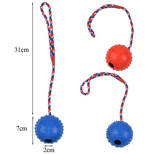 OFNMY Pelota para perro con cuerda – bola en una cuerda de juguete para perro, goma natural duradera, juguete de masticar para perros, juguete de entrenamiento perfecto para perros, rojo y azul