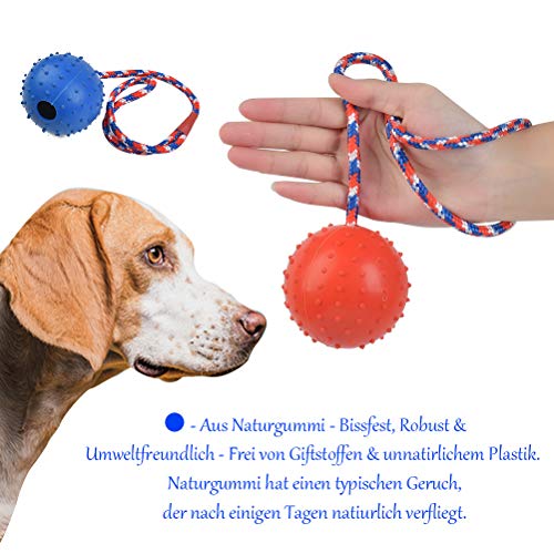 OFNMY Pelota para perro con cuerda – bola en una cuerda de juguete para perro, goma natural duradera, juguete de masticar para perros, juguete de entrenamiento perfecto para perros, rojo y azul