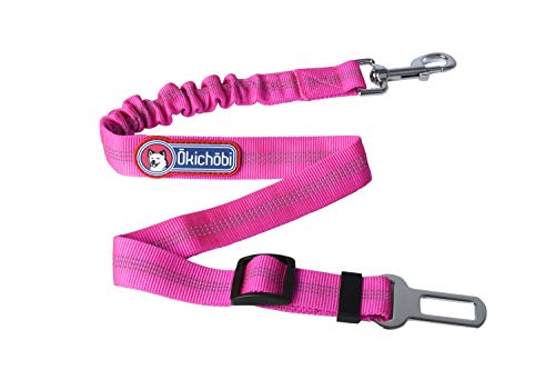 OKICHOBI | Correa de seguridad para perros para coches | 45 cm – 65 cm ajustable con 12 cm de margen por goma | Correa púrpura con hebilla plateada y mosquetón