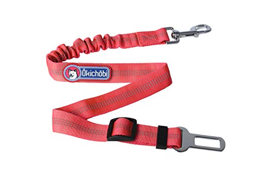 OKICHOBI | Correa de seguridad para perros para coches | 45 cm – 65 cm ajustable con 12 cm de margen por goma | Correa roja con hebilla plateada y mosquetón