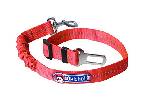 OKICHOBI | Correa de seguridad para perros para coches | 45 cm – 65 cm ajustable con 12 cm de margen por goma | Correa roja con hebilla plateada y mosquetón