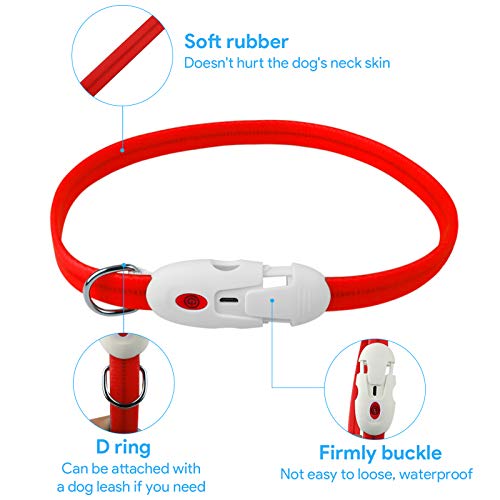 Oladwolf Collar Luminoso Perro, USB Recargable Collar Perro luz Seguro 3 Modos, Collar LED Impermeable Ajustable para Perro y Gato Menos 20kg - Rojo