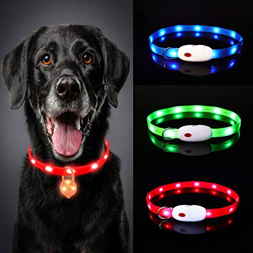 Oladwolf Collar Luminoso Perro, USB Recargable Collar Perro luz Seguro 3 Modos, Collar LED Impermeable Ajustable para Perro y Gato Menos 20kg - Rojo