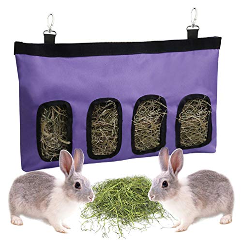 OttoBen Bolsa de Heno para Conejos & Conejillo de Indias & Chinchilla & Hámster, Paño Oxford 600D Resistente Mordeduras/Impermeable, Comedero Almacenamiento Heno Dispensador 4 Ventanas Morado