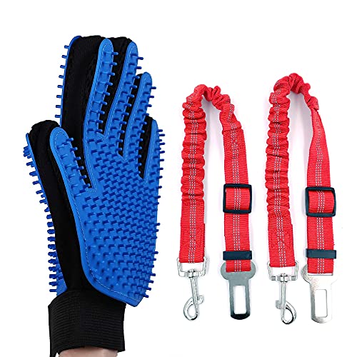 Pack de 2 Cinturon De Seguridad para Perros con Guante Quita pelos Mascota - Cinturon Perro Coche - Correa Perro Coche con Elástico y Fuerte Mosquetón para Trasportar Mascotas - Rojo