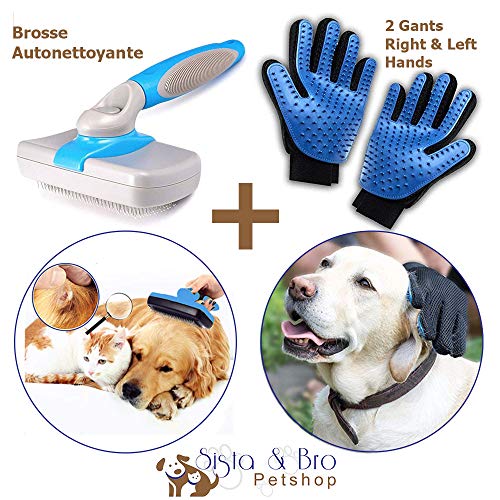 PAQUETE Guantes + Cepillo Autolimpiador: Guantes y cepillos para aseo y masaje de perros, gatos, conejos, con un cierre SCRATCH para mejor AJUSTE. Ideal para todo tipo animales con pelo corto o largo.