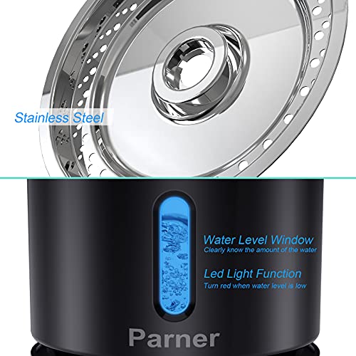 Parner Fuente para gatos, dispensador de agua para gatos con ventana de nivel de agua, 2,4 l, inoxidable, con 4 filtros higiénicos y 1 alfombrilla de silicona para mascotas con luz LED, color negro