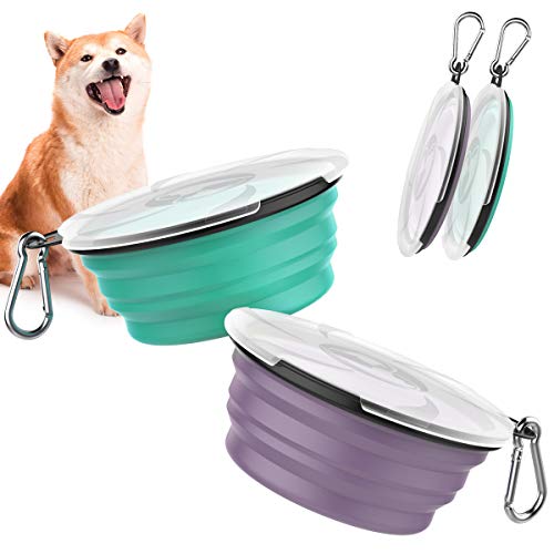 Pawaboo [2PZS Cuencos de Viaje de Silicona con Tapas para Perros Gatos con 450ml de Capacidad, Alimentador de Agua Plegable Portátil, Tazones para Mascotas de Uso Doméstico - Violeta + Turquesa