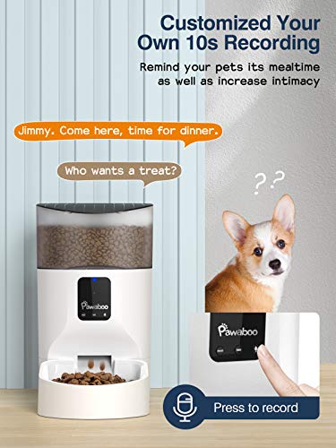 Pawaboo 7 L Alimentador Automático para Mascotas, WiFi Alimentador de Temporización Inteligente 10 Comidas al Día, Función de Grabación 10 Segundos para Gatos Perros Pequeños, Blanco y Transparente