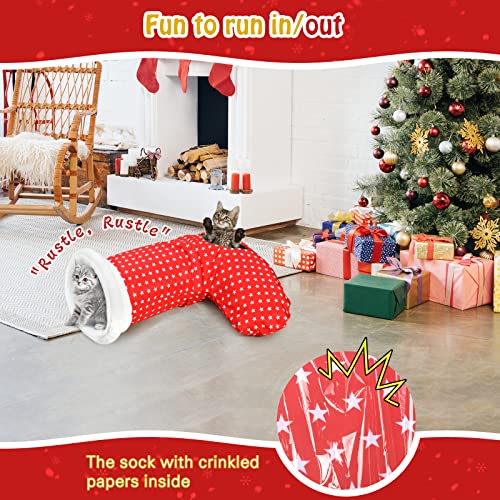 Pawaboo Juguete Interactivo para Gatos, Calcetines de Navidad para Gatitos, Lindos Calcetines con Papel Arrugado y Diseño de Abertura, como Regalo Navideño y la Diversión para Felinos- Rojo