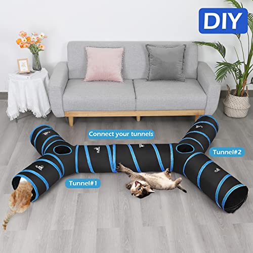 Pawaboo Túnel para Gatitos, 25 * 53 CM Prima 3 Vías Túneles Extensible Plegable Gato Jugar Túnel Casa del Laberinto del Juguete con Pompón y Campanas para Gato Gatito Cachorro Conejo - Negro y Azul