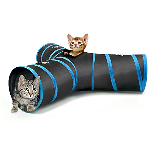 Pawaboo Túnel para Gatitos, 25 * 53 CM Prima 3 Vías Túneles Extensible Plegable Gato Jugar Túnel Casa del Laberinto del Juguete con Pompón y Campanas para Gato Gatito Cachorro Conejo - Negro y Azul