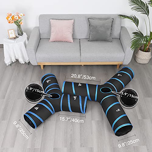 Pawaboo Túnel para Gatitos, 25 * 53 CM Prima 3 Vías Túneles Extensible Plegable Gato Jugar Túnel Casa del Laberinto del Juguete con Pompón y Campanas para Gato Gatito Cachorro Conejo - Negro y Azul