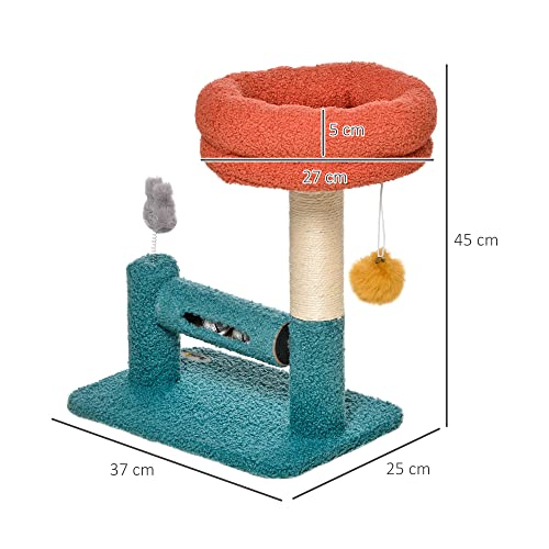 PawHut Árbol para Gatos Pequeño con Cama Extraíble Rodillo con Cascabeles Poste Rascador de Sisal Bola Colgante y Juguete 37x25x45 cm Naranja y Azul