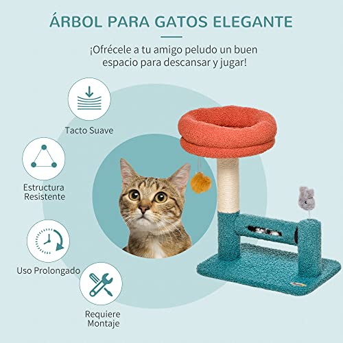 PawHut Árbol para Gatos Pequeño con Cama Extraíble Rodillo con Cascabeles Poste Rascador de Sisal Bola Colgante y Juguete 37x25x45 cm Naranja y Azul