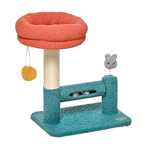 PawHut Árbol para Gatos Pequeño con Cama Extraíble Rodillo con Cascabeles Poste Rascador de Sisal Bola Colgante y Juguete 37x25x45 cm Naranja y Azul