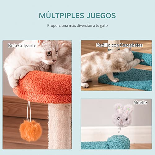 PawHut Árbol para Gatos Pequeño con Cama Extraíble Rodillo con Cascabeles Poste Rascador de Sisal Bola Colgante y Juguete 37x25x45 cm Naranja y Azul