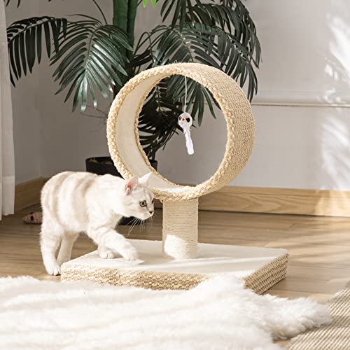 PawHut Árbol para Gatos Pequeño Torre de Rascado de Gato con Túnel Superior Poste Rascador de Yute Natural y Juguete de Rata Colgante 61x41x50 cm Beige