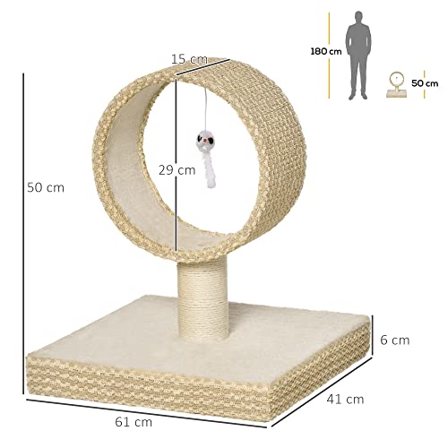 PawHut Árbol para Gatos Pequeño Torre de Rascado de Gato con Túnel Superior Poste Rascador de Yute Natural y Juguete de Rata Colgante 61x41x50 cm Beige