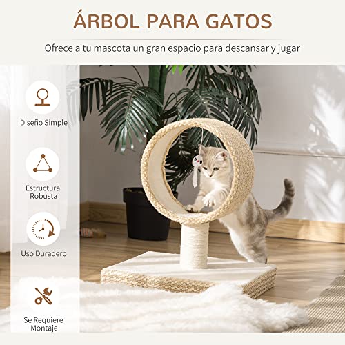 PawHut Árbol para Gatos Pequeño Torre de Rascado de Gato con Túnel Superior Poste Rascador de Yute Natural y Juguete de Rata Colgante 61x41x50 cm Beige