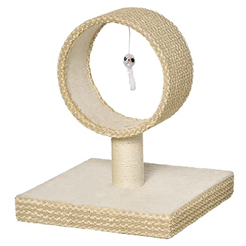 PawHut Árbol para Gatos Pequeño Torre de Rascado de Gato con Túnel Superior Poste Rascador de Yute Natural y Juguete de Rata Colgante 61x41x50 cm Beige