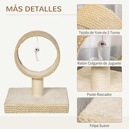 PawHut Árbol para Gatos Pequeño Torre de Rascado de Gato con Túnel Superior Poste Rascador de Yute Natural y Juguete de Rata Colgante 61x41x50 cm Beige