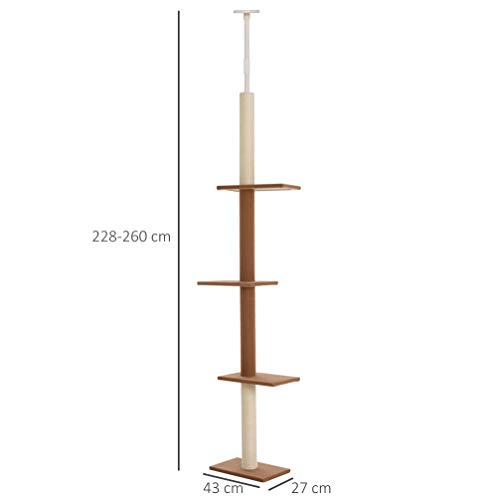 PawHut Árbol para Gatos Rascador de Suelo a Techo para Gatos Ajustable en Altura con 4 Plataformas Espaciosas Poste de Sisal Natural 43x27x228-260 cm Marrón