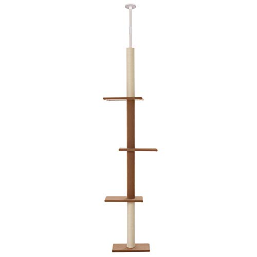 PawHut Árbol para Gatos Rascador de Suelo a Techo para Gatos Ajustable en Altura con 4 Plataformas Espaciosas Poste de Sisal Natural 43x27x228-260 cm Marrón