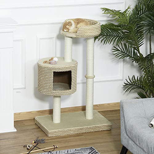 PawHut Árbol Rascador para Gatos Árbol de Actividades para Gatos con Cueva de Felpa Postes de Yute Plataforma Cómoda 61x41x96 cm Beige y Café