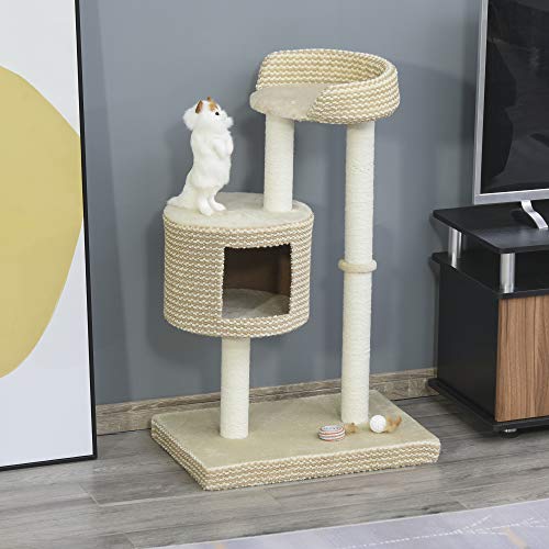 PawHut Árbol Rascador para Gatos Árbol de Actividades para Gatos con Cueva de Felpa Postes de Yute Plataforma Cómoda 61x41x96 cm Beige y Café