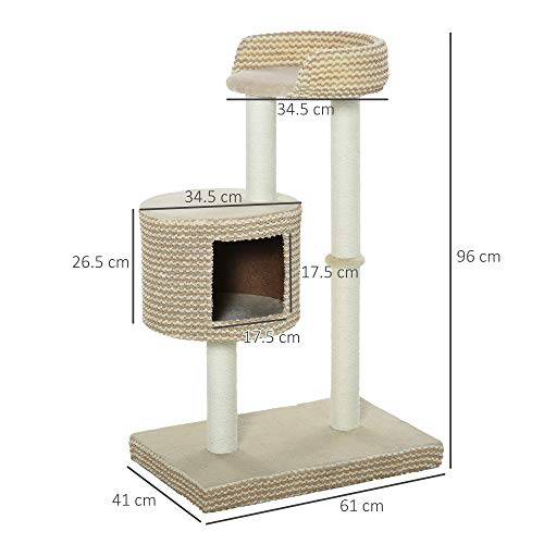 PawHut Árbol Rascador para Gatos Árbol de Actividades para Gatos con Cueva de Felpa Postes de Yute Plataforma Cómoda 61x41x96 cm Beige y Café