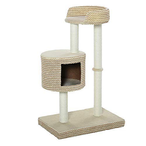 PawHut Árbol Rascador para Gatos Árbol de Actividades para Gatos con Cueva de Felpa Postes de Yute Plataforma Cómoda 61x41x96 cm Beige y Café