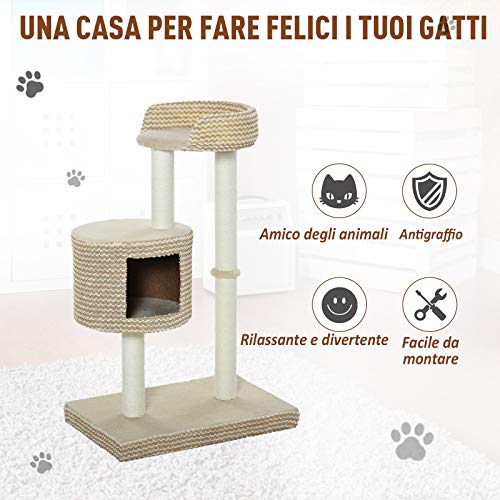 PawHut Árbol Rascador para Gatos Árbol de Actividades para Gatos con Cueva de Felpa Postes de Yute Plataforma Cómoda 61x41x96 cm Beige y Café