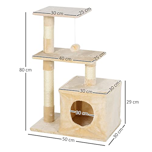 PawHut Árbol Rascador para Gatos Centro de Múltiples Actividades de Mascotas con Postes Sisal Plataformas Caja Bola Colgante Estilo Elegante 50x30x80 cm Beige