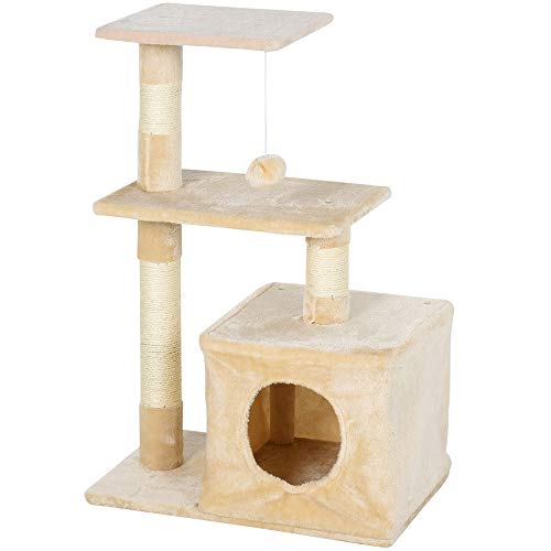 PawHut Árbol Rascador para Gatos Centro de Múltiples Actividades de Mascotas con Postes Sisal Plataformas Caja Bola Colgante Estilo Elegante 50x30x80 cm Beige