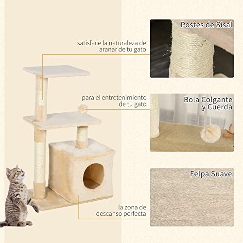 PawHut Árbol Rascador para Gatos Centro de Múltiples Actividades de Mascotas con Postes Sisal Plataformas Caja Bola Colgante Estilo Elegante 50x30x80 cm Beige