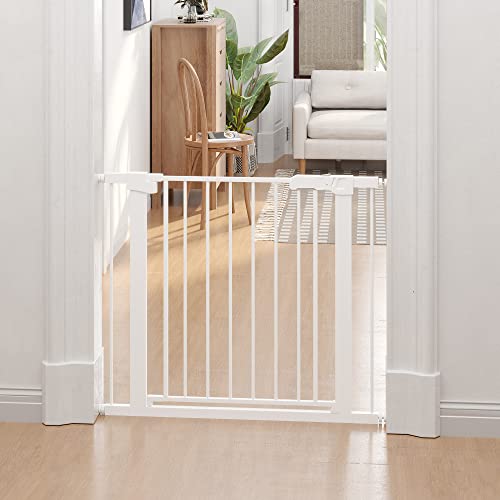 PawHut Barrera de Seguridad de Perros Extensible para Escaleras y Puertas 75-96 cm con 2 Extensiones de 7 cm Cierre Automático y Marco de Acero Altura 76 cm Blanco