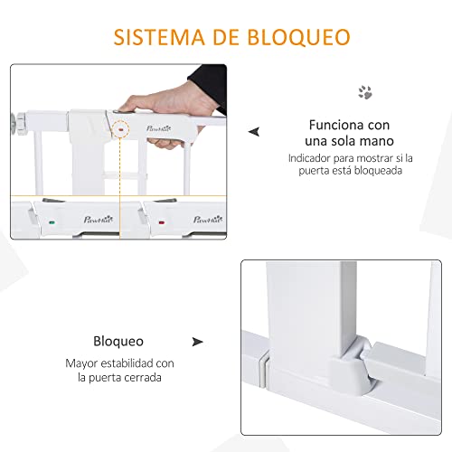 PawHut Barrera de Seguridad de Perros Extensible para Escaleras y Puertas 75-96 cm con 2 Extensiones de 7 cm Cierre Automático y Marco de Acero Altura 76 cm Blanco