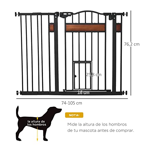 PawHut Barrera de Seguridad de Perros Extensible para Puertas y Escaleras 74-105 cm con 2 Extensiones de 10/15 cm con 2 Puertas y Cierre Automático Acero Altura 76,2 cm Negro