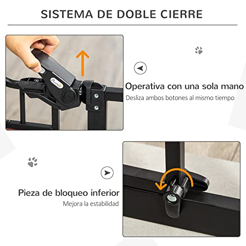 PawHut Barrera de Seguridad de Perros Extensible para Puertas y Escaleras 74-105 cm con 2 Extensiones de 10/15 cm con 2 Puertas y Cierre Automático Acero Altura 76,2 cm Negro