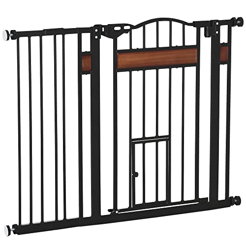 PawHut Barrera de Seguridad de Perros Extensible para Puertas y Escaleras 74-105 cm con 2 Extensiones de 10/15 cm con 2 Puertas y Cierre Automático Acero Altura 76,2 cm Negro