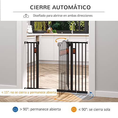 PawHut Barrera de Seguridad de Perros Extensible para Puertas y Escaleras 74-105 cm con 2 Extensiones de 10/15 cm con 2 Puertas y Cierre Automático Acero Altura 76,2 cm Negro